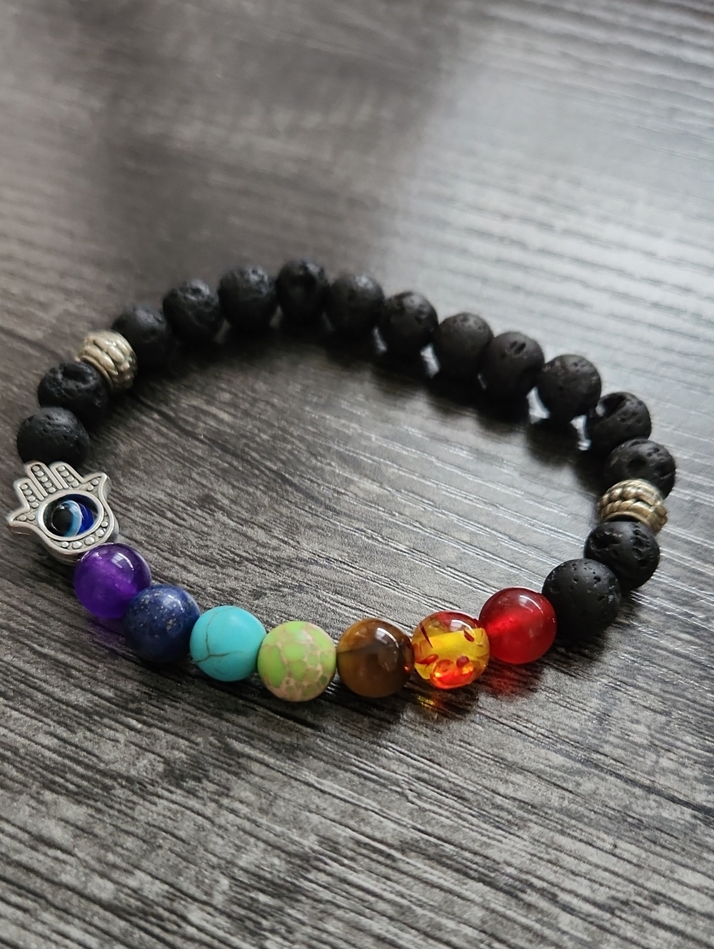 Chakra Lava Bead Bracelet with Hamsa Charm - Black and Multicolor
